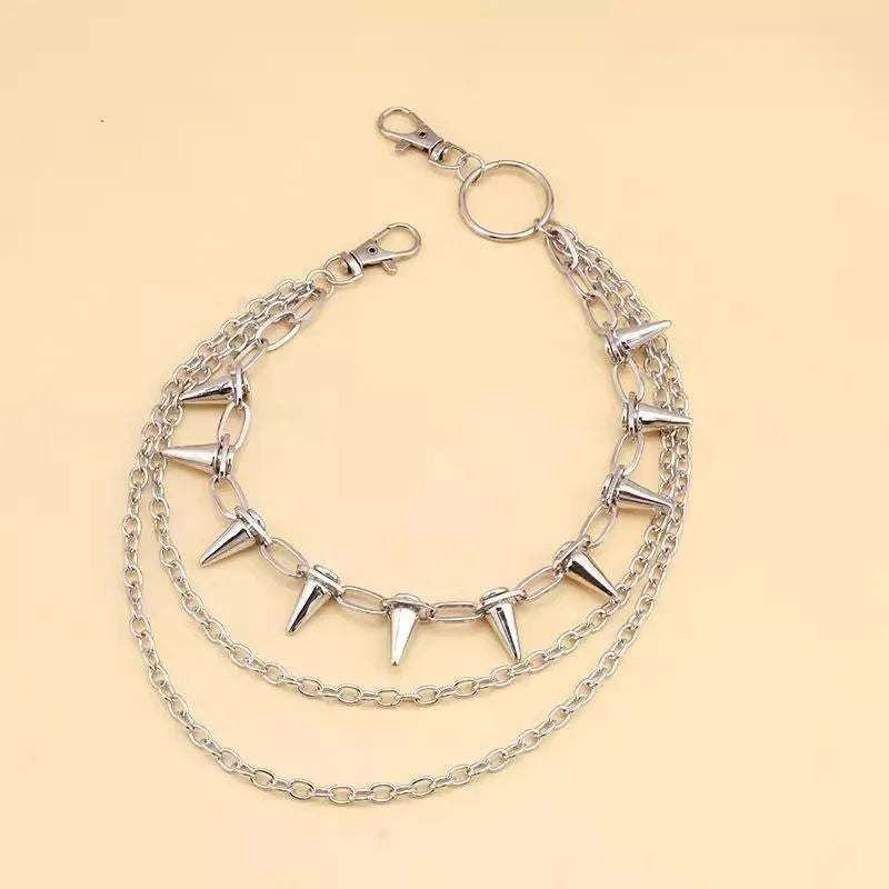 Silver metal trousers chain with double layer design and rivet detailing measuring 115cm for punk hip hop fashion