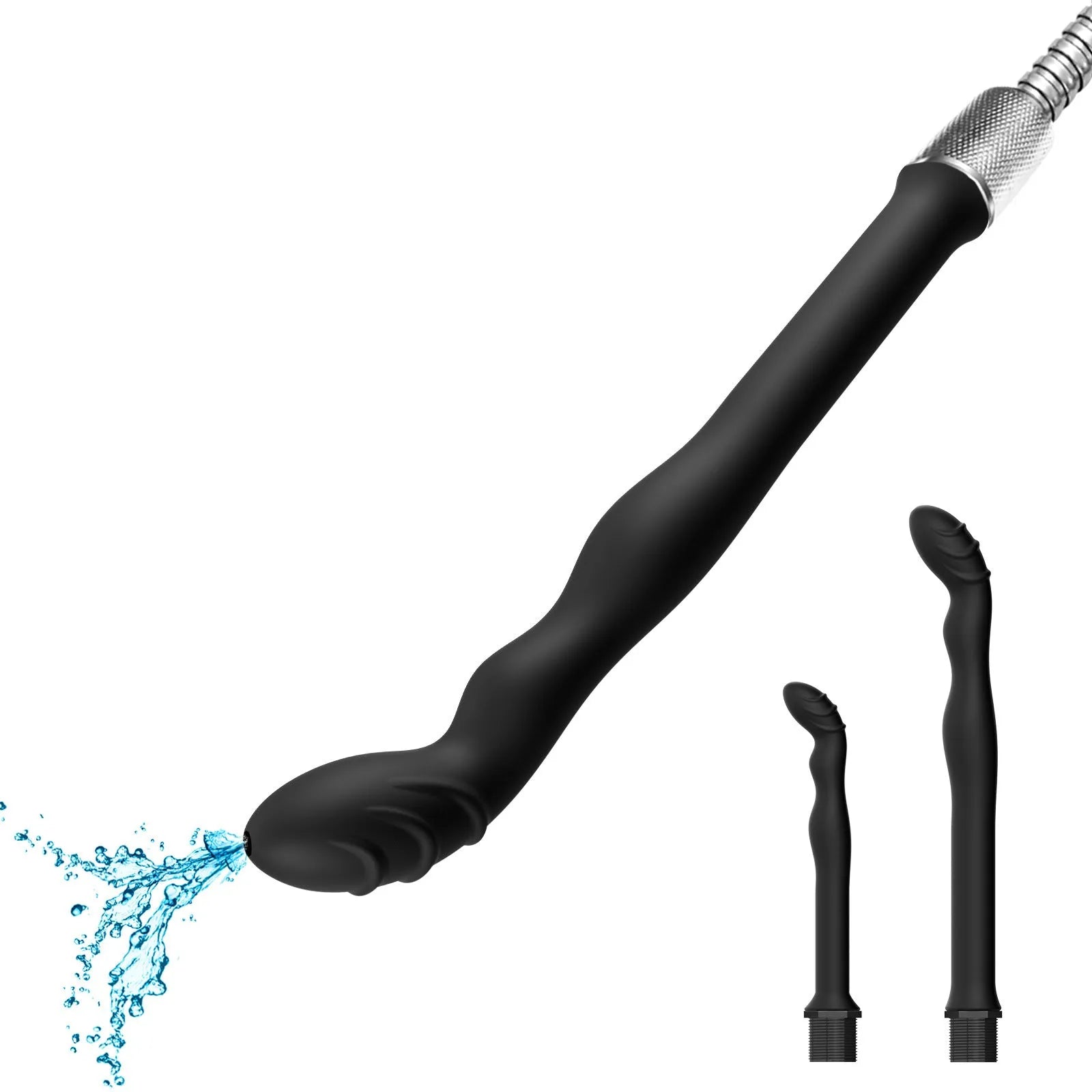 Black silicone sausage filler enema hosepipe flusher shown in large and small size options.