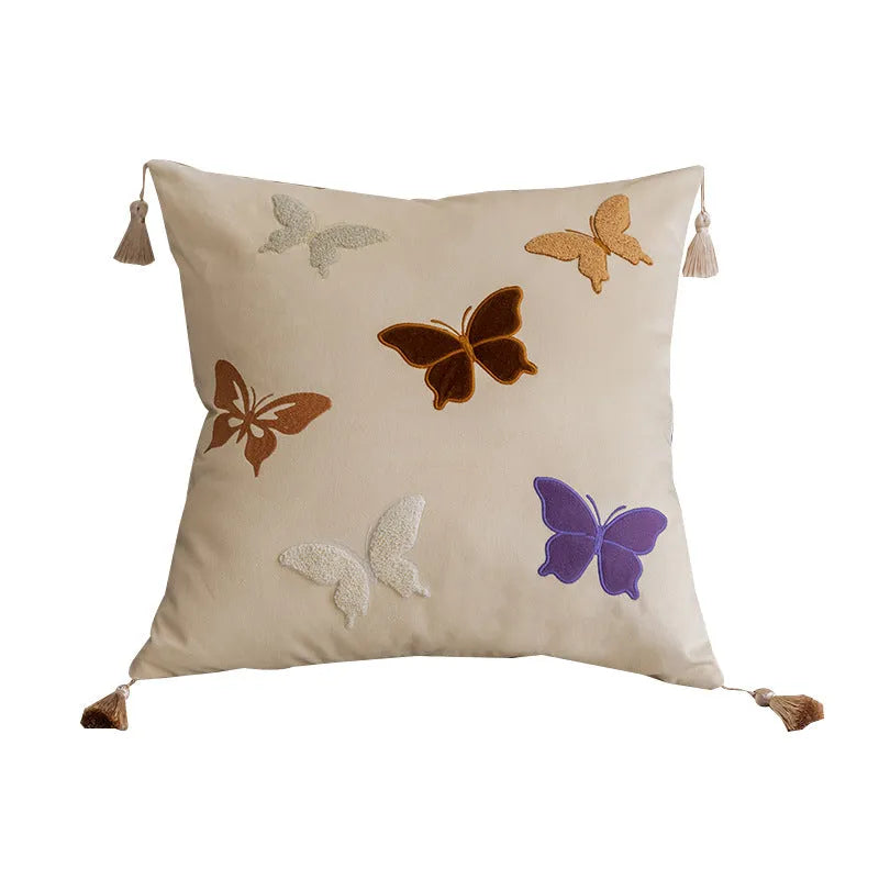 Square cushion with Chinese butterfly embroidery in beige, black, or purple colours.