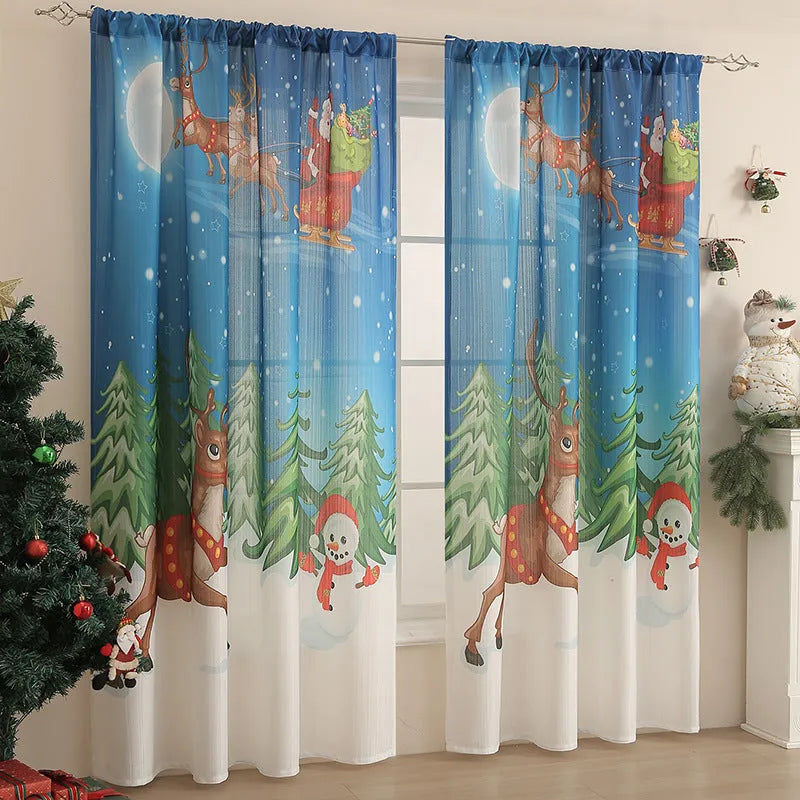 Rectangular printed polyester curtain with festive design hanging in a window