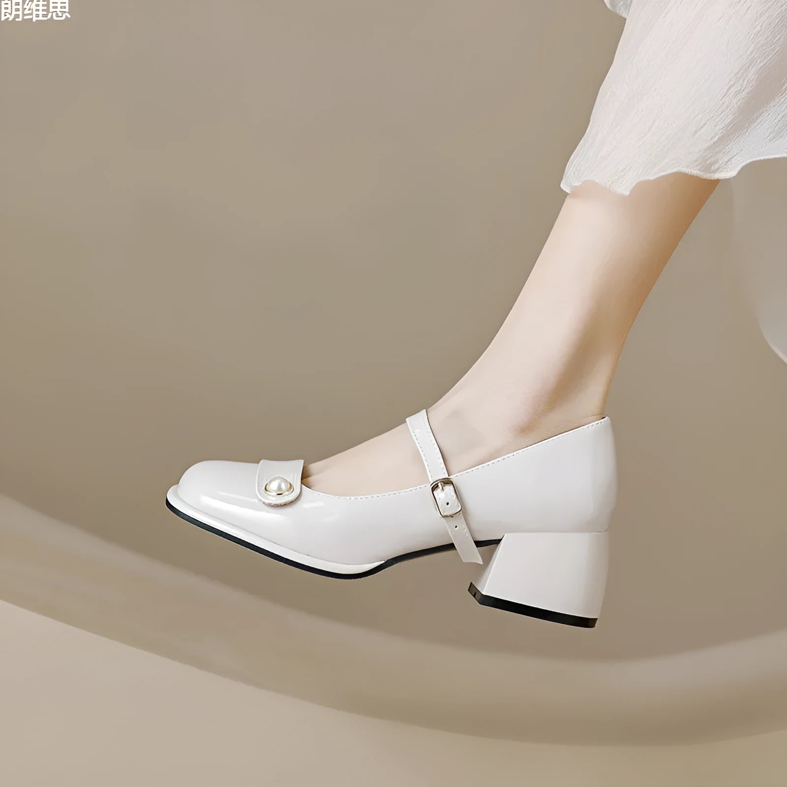 Women's plus size apricot patent leather chunky heel hiking shoe with buckle fastening and square toe.