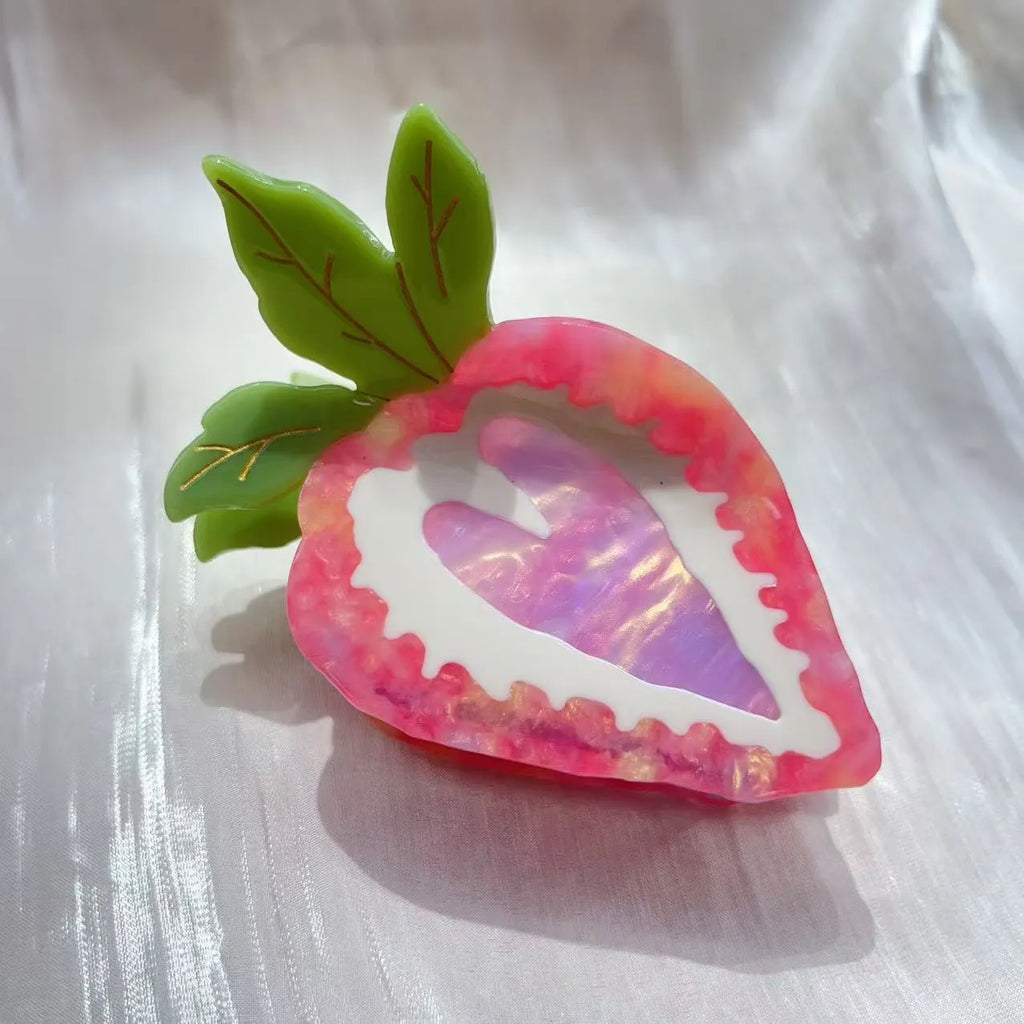 Handcrafted strawberry hairpin in pastoral style showing red and pink colour options