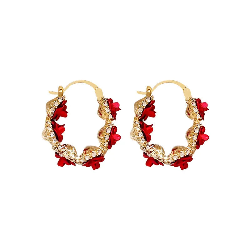 Alloy rose flower ear clip earrings in F155A red colour with clip-on fastening