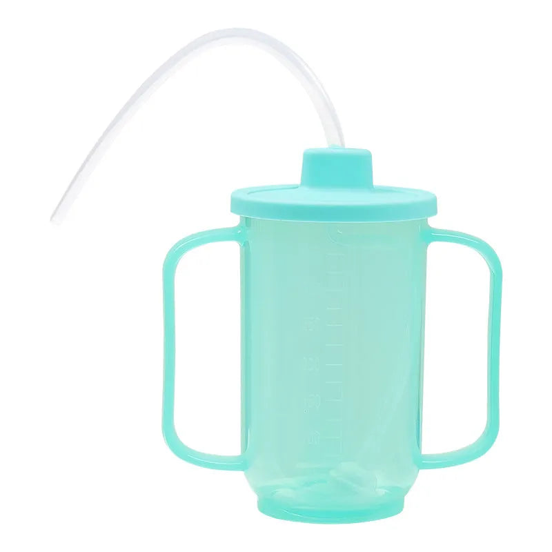 A white PP plastic choke proof drinking cup with a handle, lid, and oblique mouth spout for bedside use.