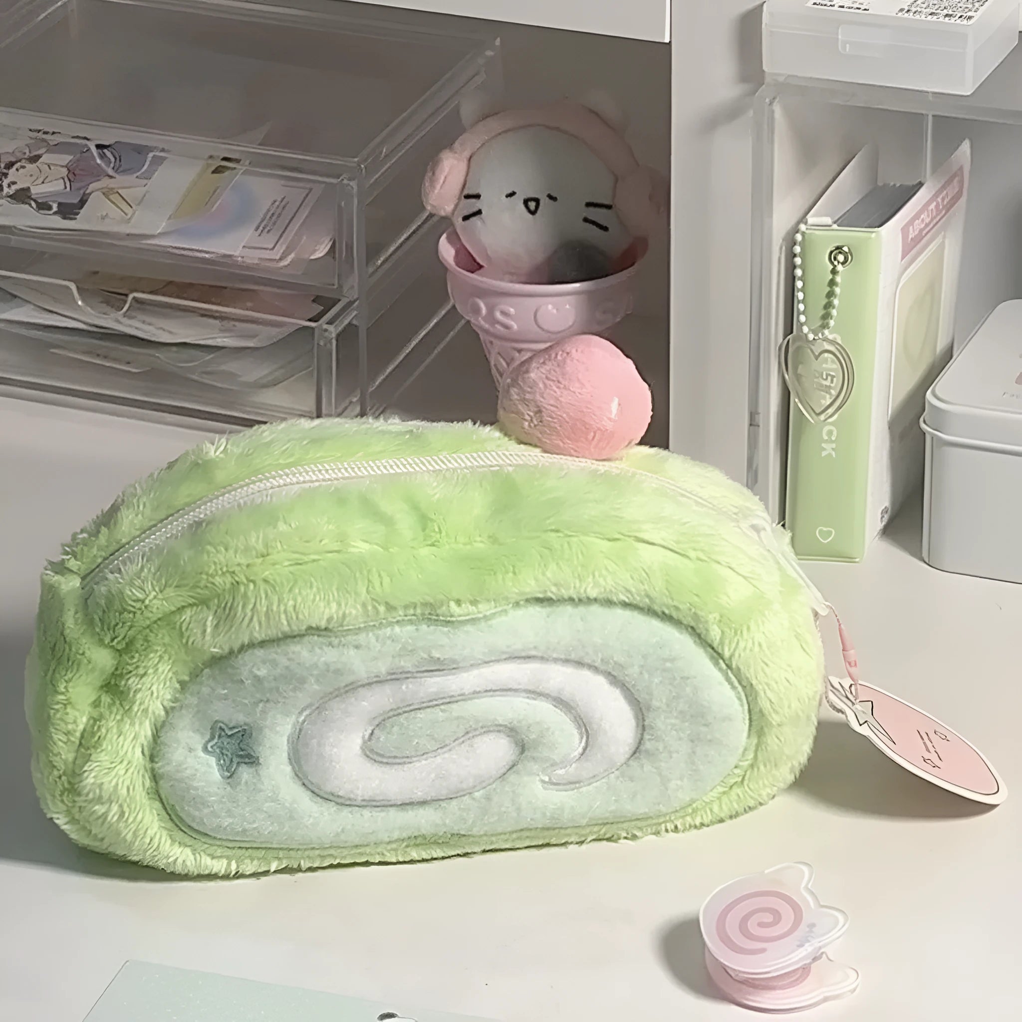 Velvet pencil case with Swiss roll cake design and Korean style aesthetic