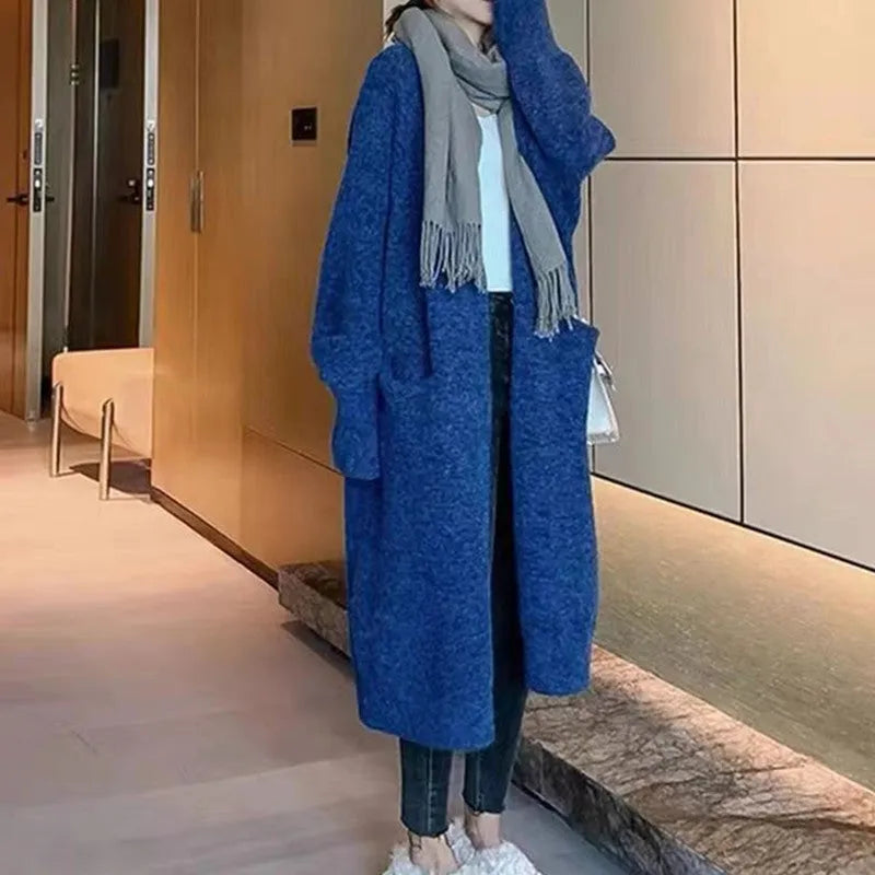 Women's mid-length loose fit knitted cardigan coat in solid colour with pockets, 65cm long, acrylic blend