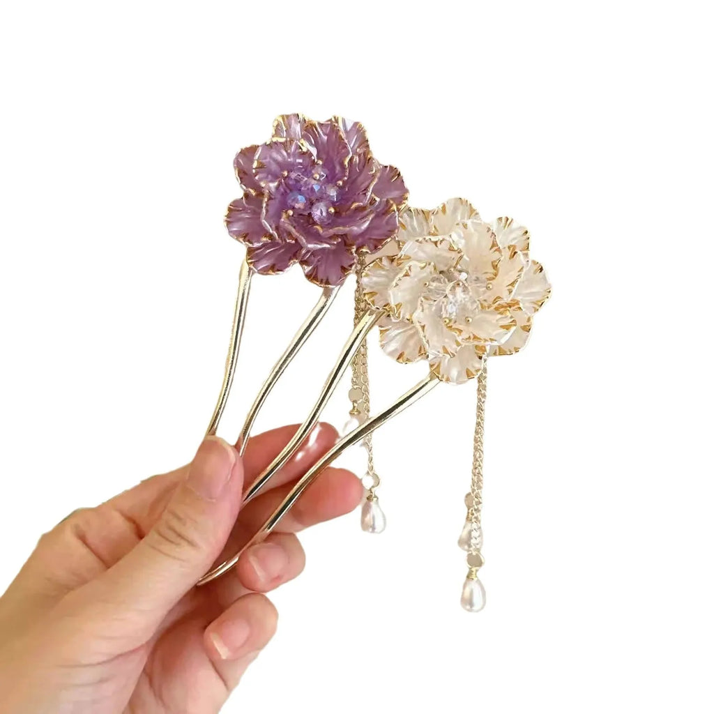 Purple and white U-shaped hairpin with peony flower design and tassel detail on alloy electroplated construction