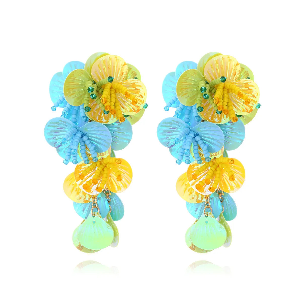 Handmade exaggerated dopamine style flower earrings with string bead floral designs in colourful, rose and purple