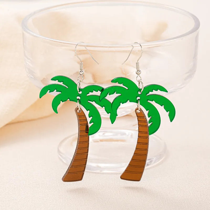 Women's alloy drop earrings with red and green acrylic jackfruit and coconut charms on a white background.