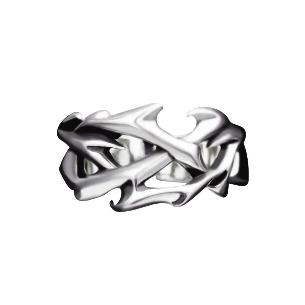 Copper men's ring with geometric thorn flower design and adjustable opening.