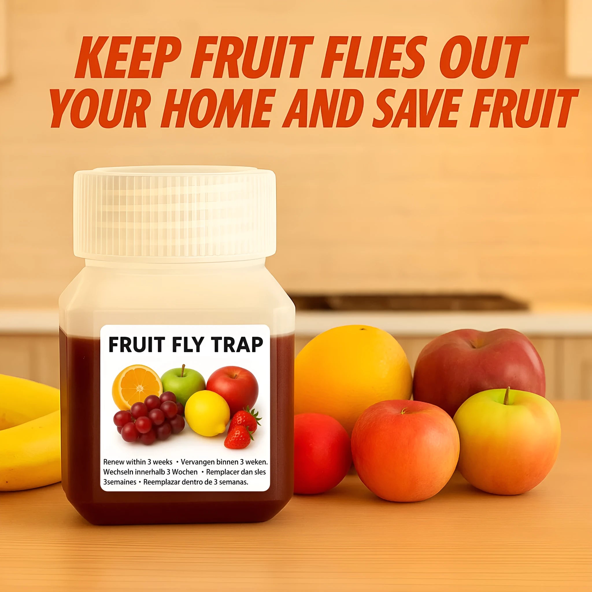 Bottle of SK003 fruit fly bait liquid with a funnel option shown