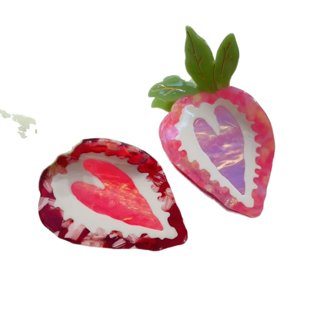 Handcrafted strawberry hairpin in pastoral style showing red and pink colour options