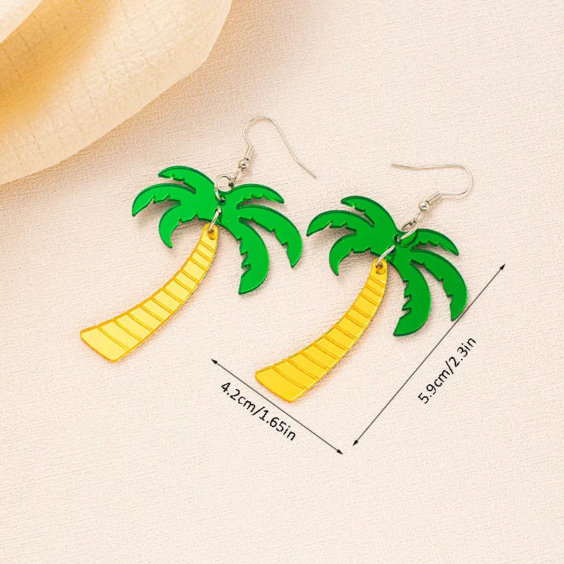 Women's alloy drop earrings with red and green acrylic jackfruit and coconut charms on a white background.