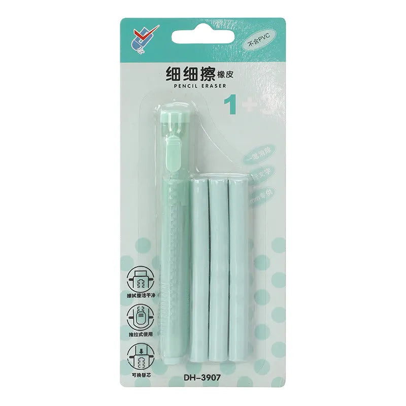 Push type automatic children's eraser in blue, green, pink, or purple colours for traceless pencil mark removal