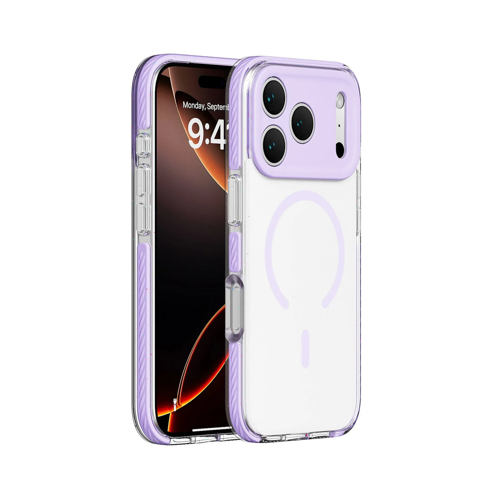 Transparent magnetic iPhone protective case showing sweet blue, candy green, and sweet orange colour options