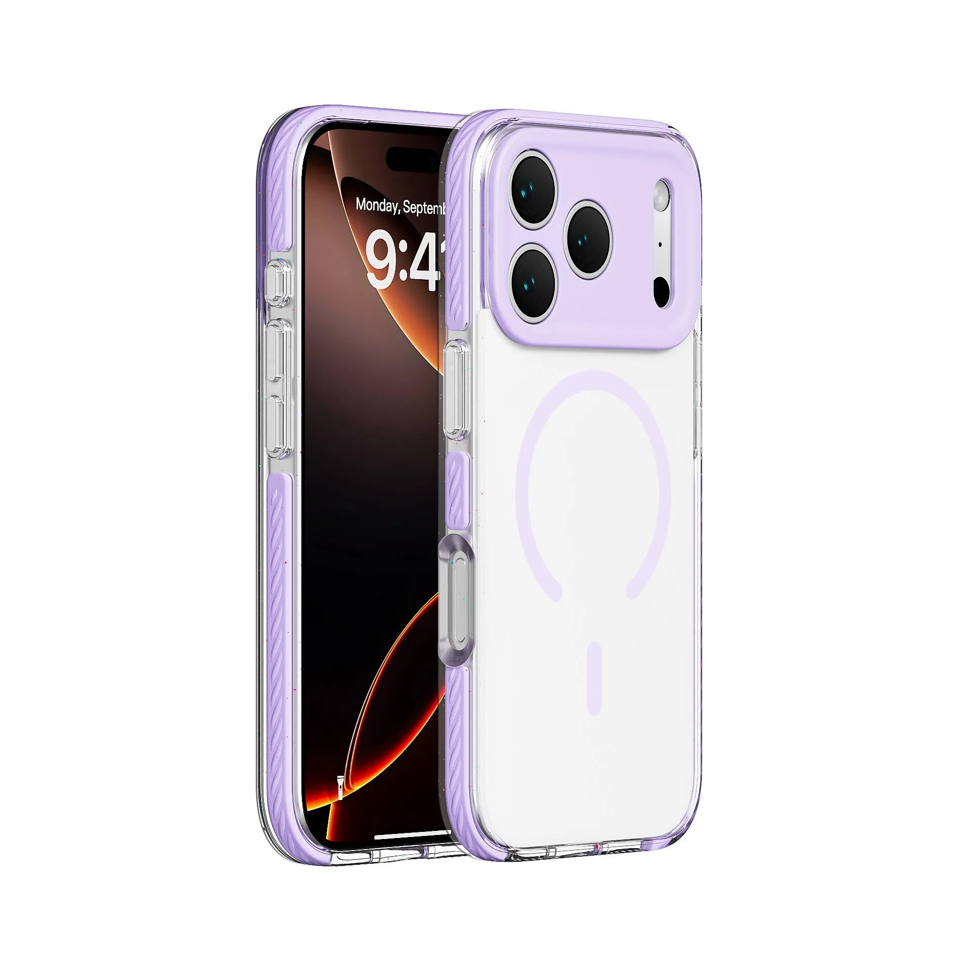 Transparent magnetic iPhone protective case showing sweet blue, candy green, and sweet orange colour options