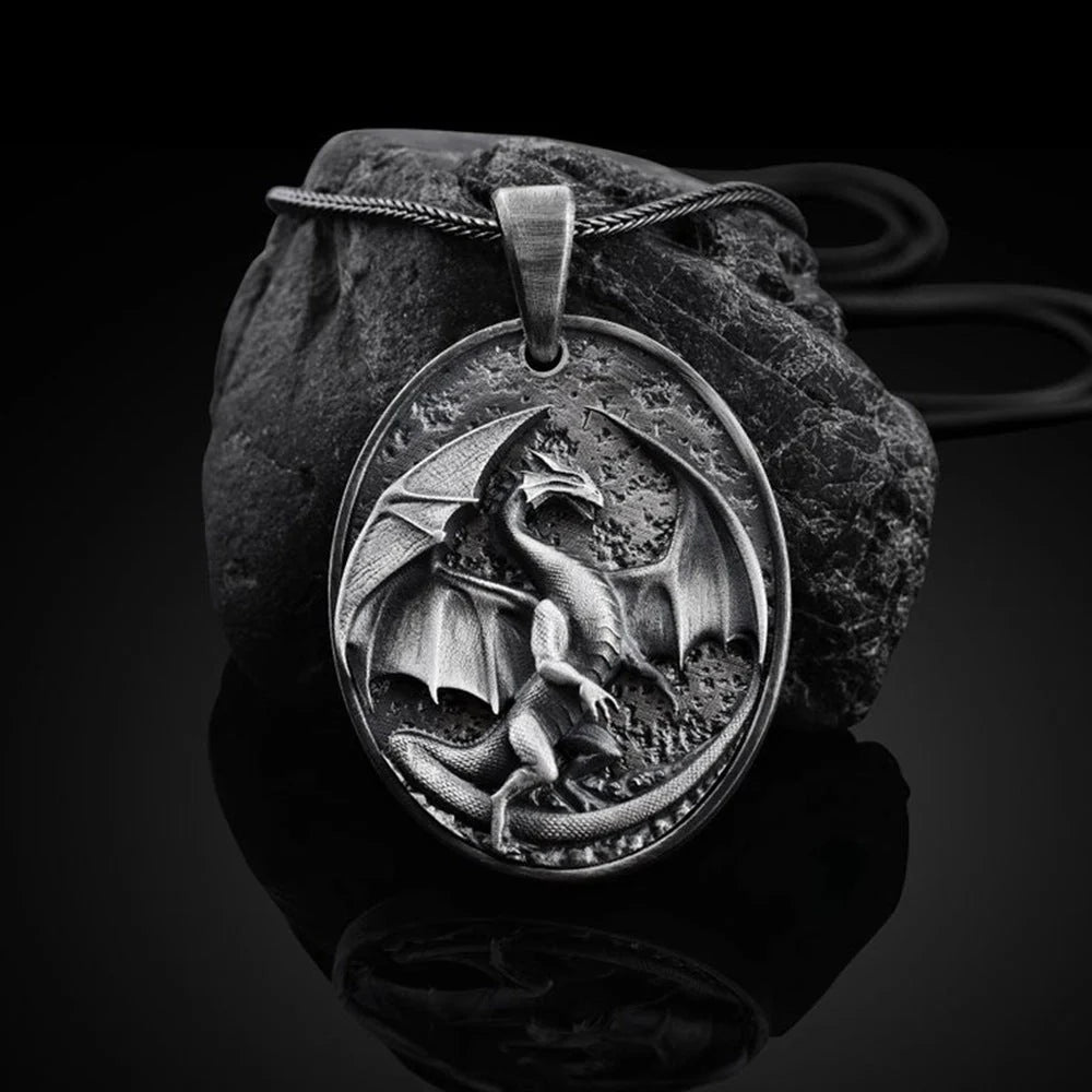 Men's Western Dragon Pendant Necklace in titanium steel with pure tin pendant
