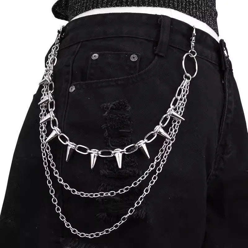 Silver metal trousers chain with double layer design and rivet detailing measuring 115cm for punk hip hop fashion