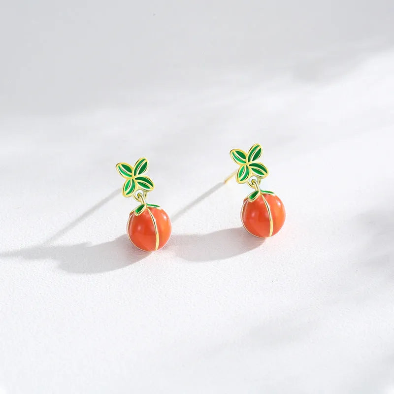 S925 sterling silver persimmon fruit stud earrings with lucky symbol design
