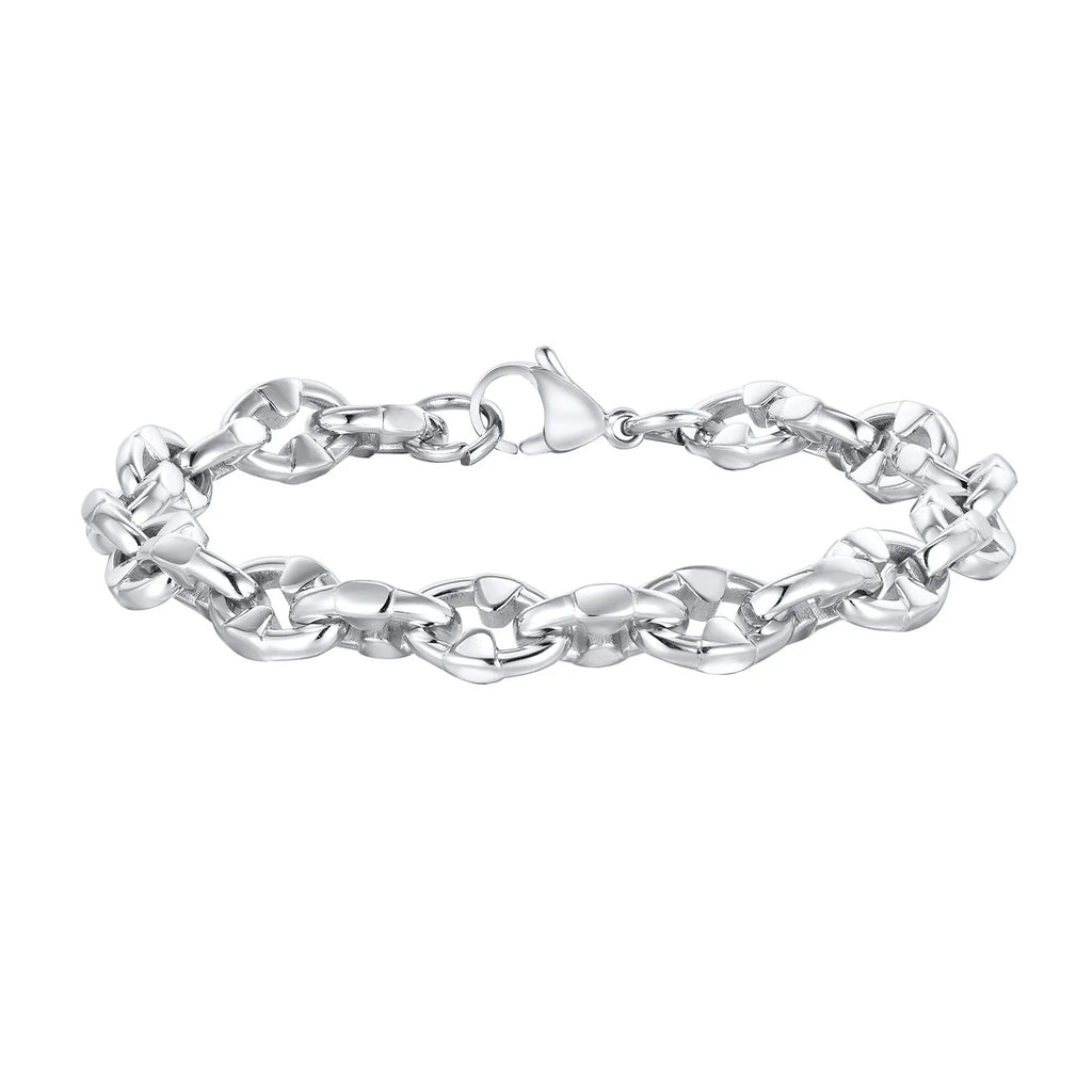 Thick geometric stainless steel chain bracelet in steel colour for men's hip hop fashion.