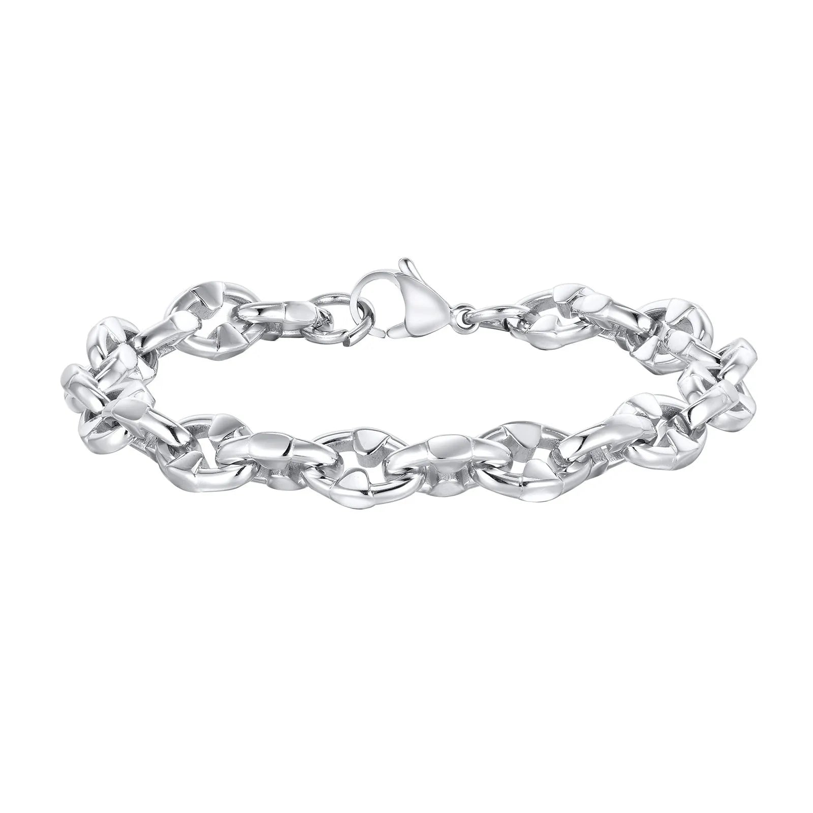 Thick geometric stainless steel chain bracelet in steel colour for men's hip hop fashion.