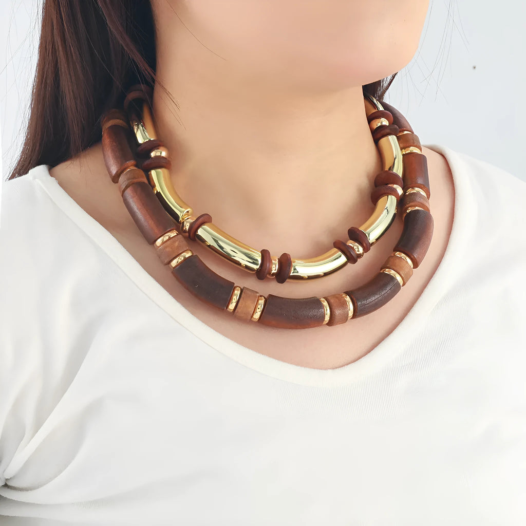 Women's multi-layer wooden necklace and bracelet set in exaggerated European style with alloy chain