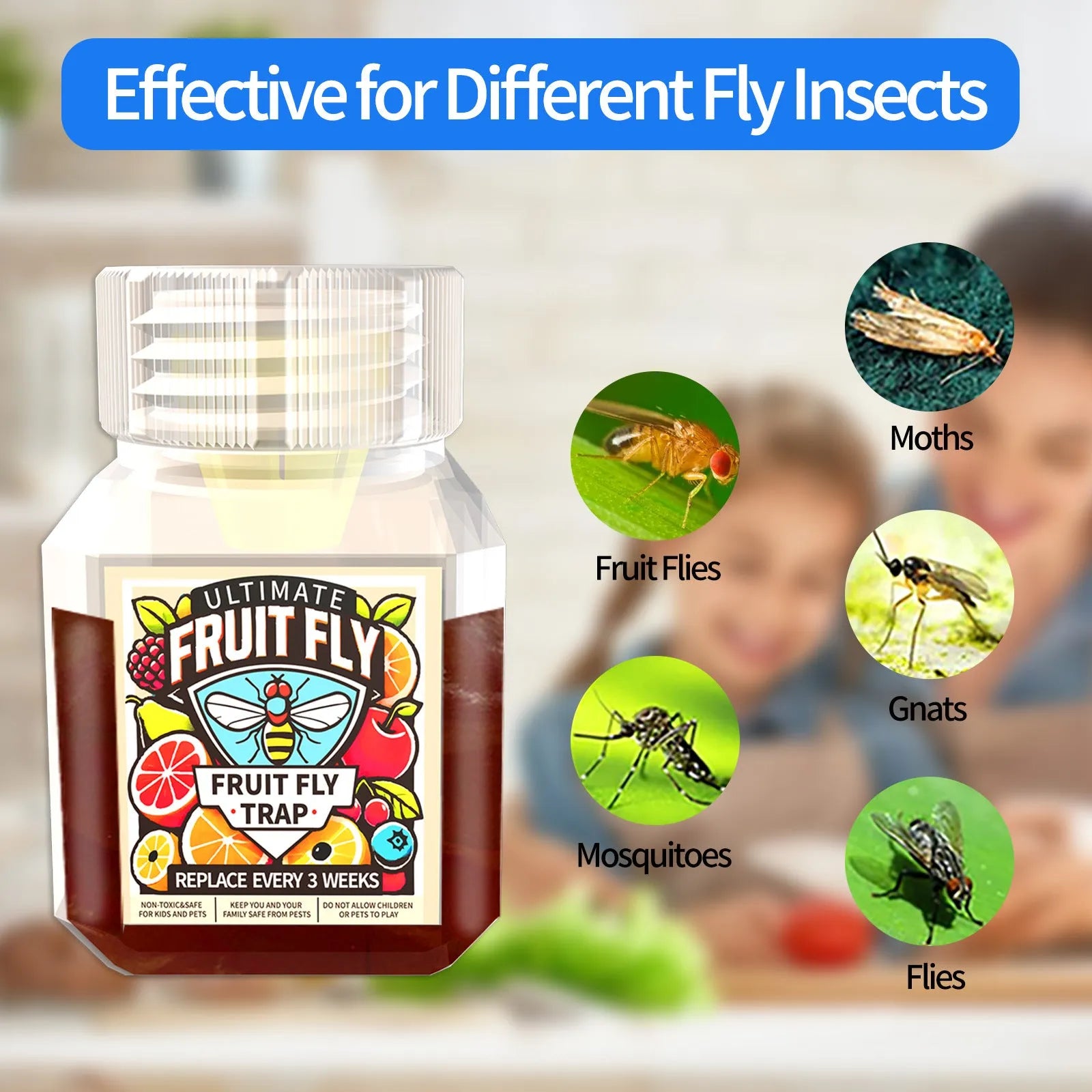Bottle of SK003 fruit fly bait liquid with a funnel option shown