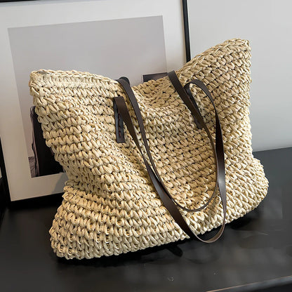 Brown woven summer shoulder bag, 42x36x4 cm large capacity with zipper for women's beach use