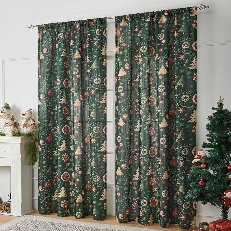 Rectangular printed polyester curtain with festive design hanging in a window