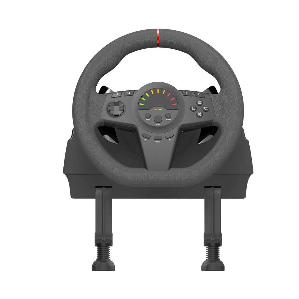 Black multi-platform steering wheel racing controller with two pedals and vibration feedback
