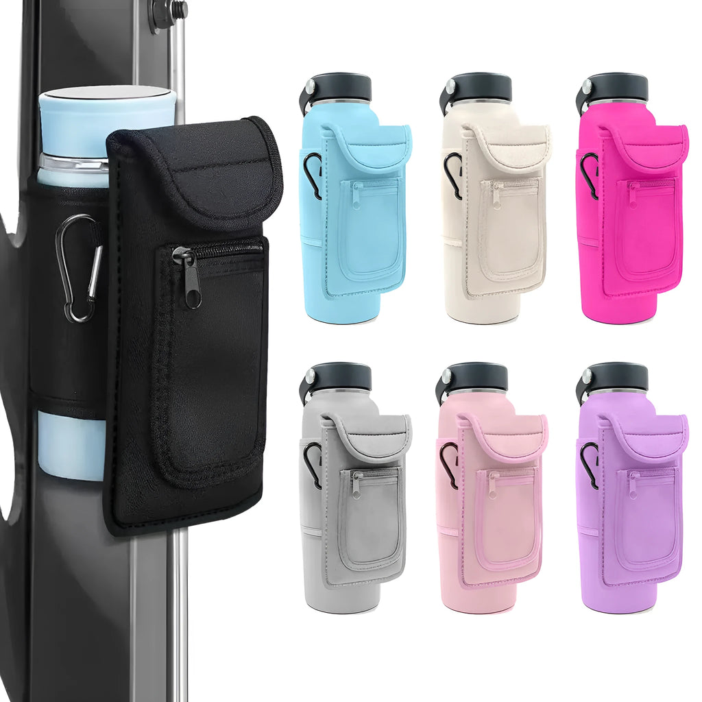 Sports bottle sleeve with magnetic or carabiner closure in seven colour options.