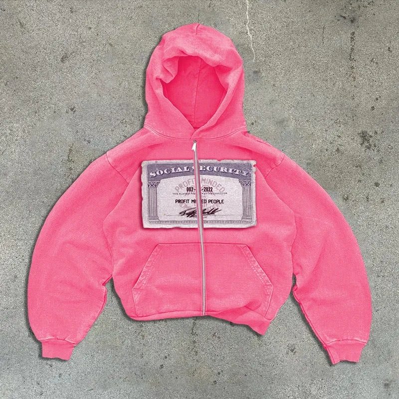Men's and women's black hoodie with white letter pattern and front zip