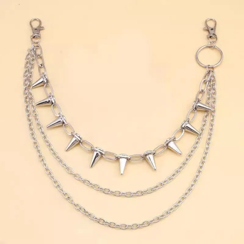 Silver metal trousers chain with double layer design and rivet detailing measuring 115cm for punk hip hop fashion