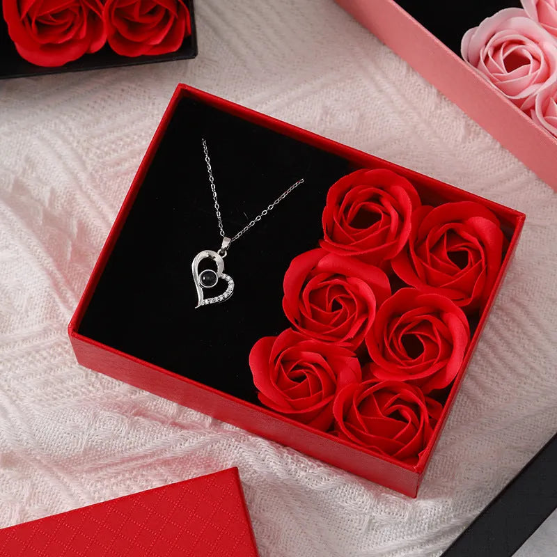 Korean style soap flower bouquet gift set in a red handbag gift box.