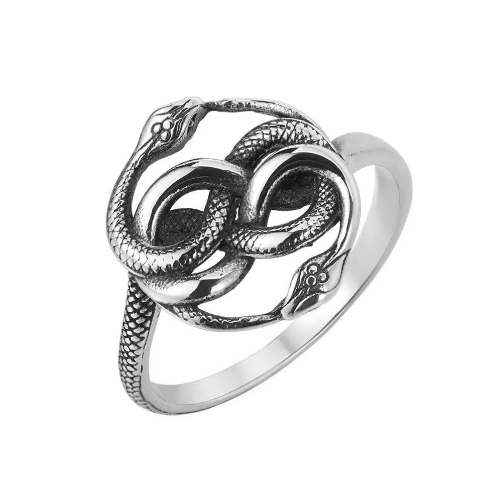 Steel coloured titanium steel ring featuring a detailed retro double snake design on a finger.