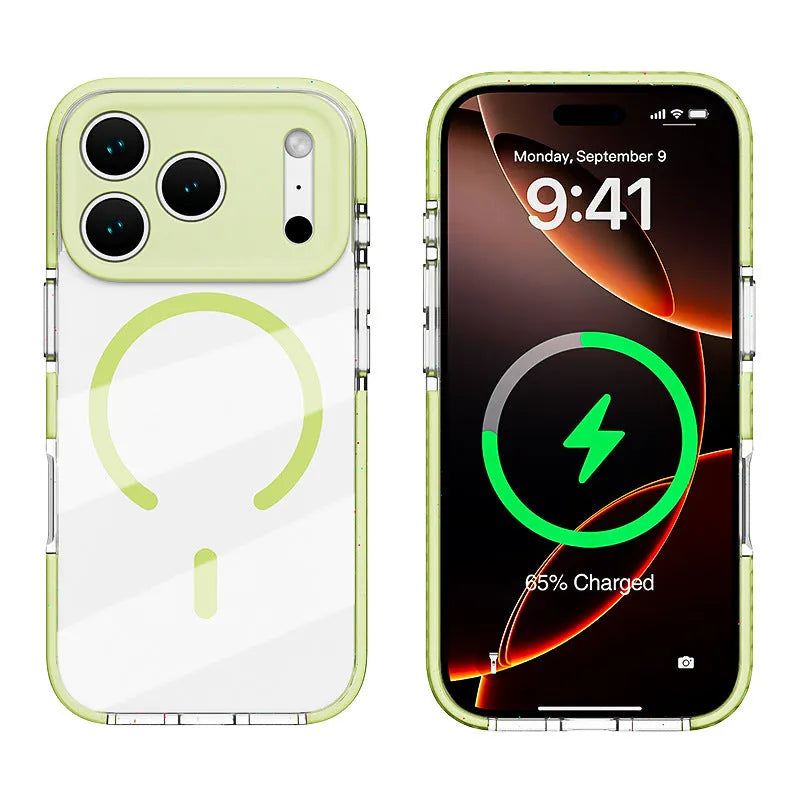 Transparent magnetic iPhone protective case showing sweet blue, candy green, and sweet orange colour options