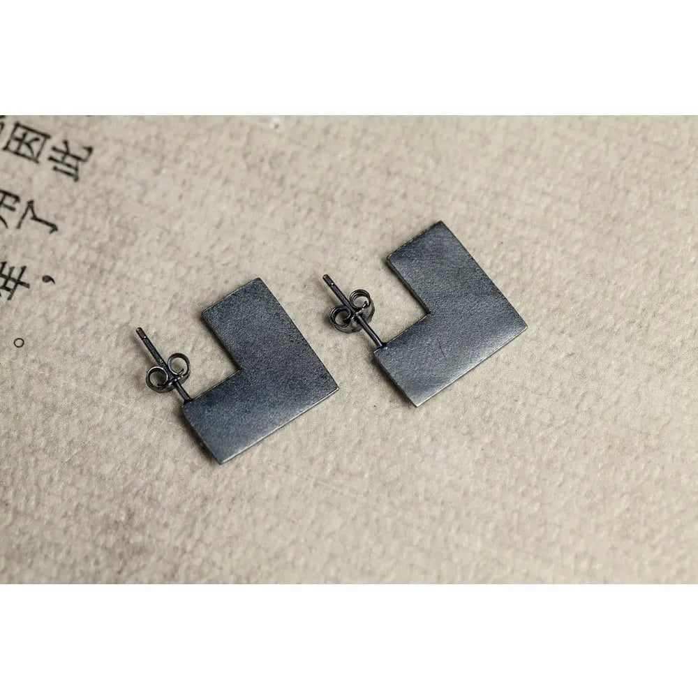 Oxidation black sterling silver geometric square earring measuring approximately 16mm
