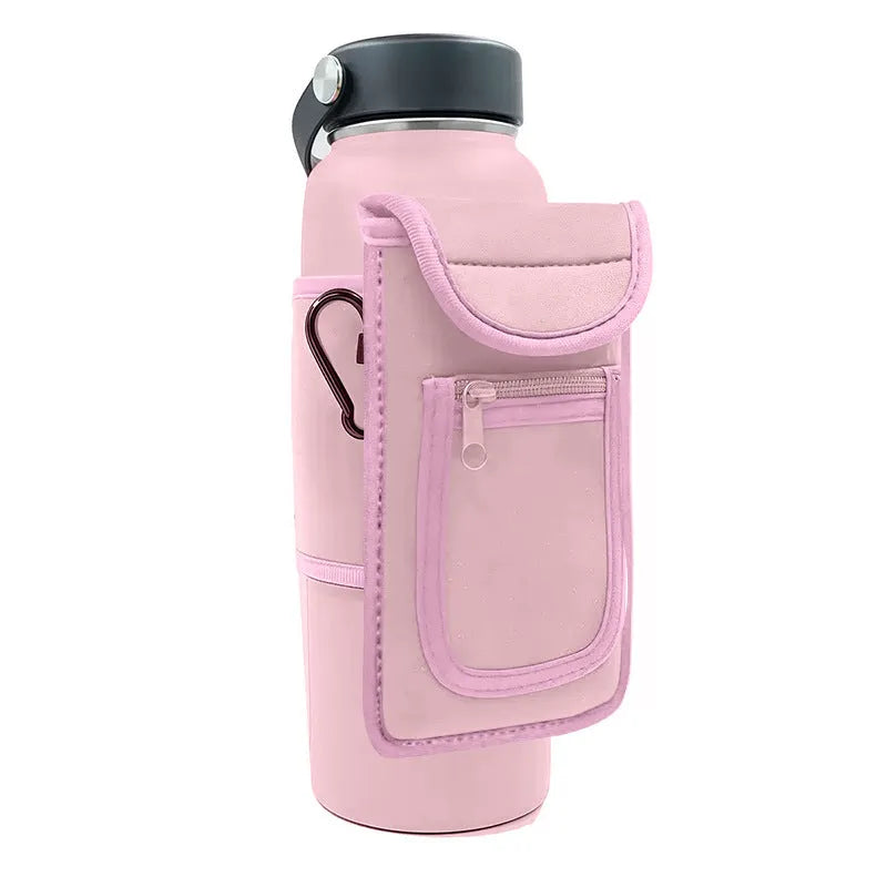 Sports bottle sleeve with magnetic or carabiner closure in seven colour options.