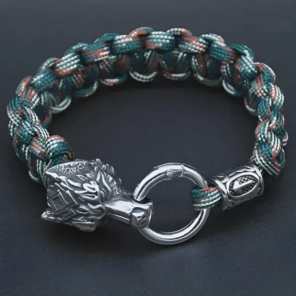 Handmade stainless steel wolf head bracelet with Luen character charm in camouflage colour.