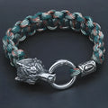 Handmade stainless steel wolf head bracelet with Luen character charm in camouflage colour.