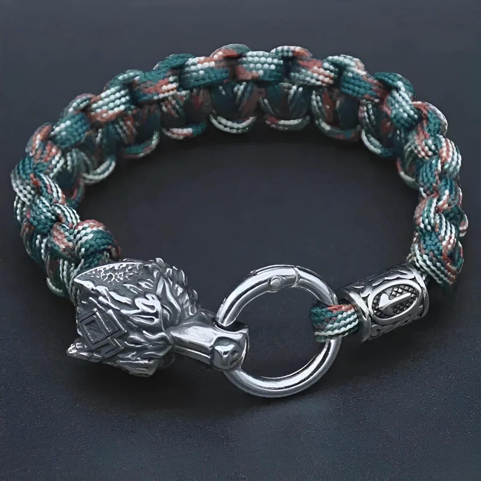 Handmade stainless steel wolf head bracelet with Luen character charm in camouflage colour.