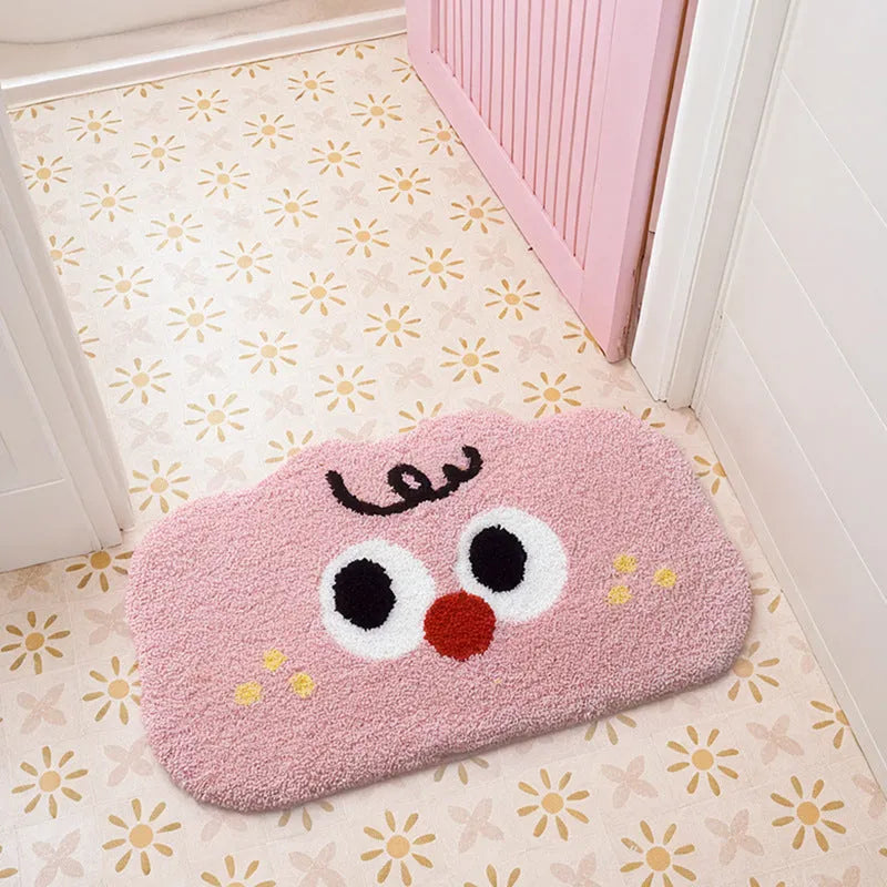 Cartoon anime patterned bathroom mat in soft polyester imitation cashmere, shown in green colour.