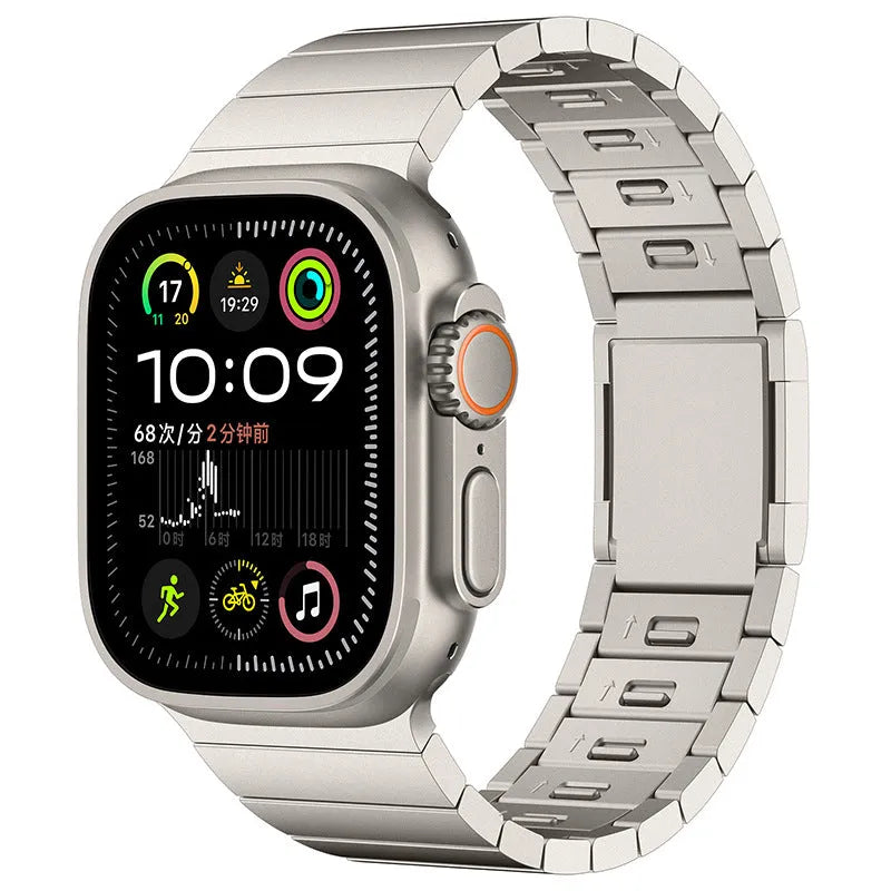 Magnetic buckle stainless steel Apple Watch strap in silver colour showing business style design