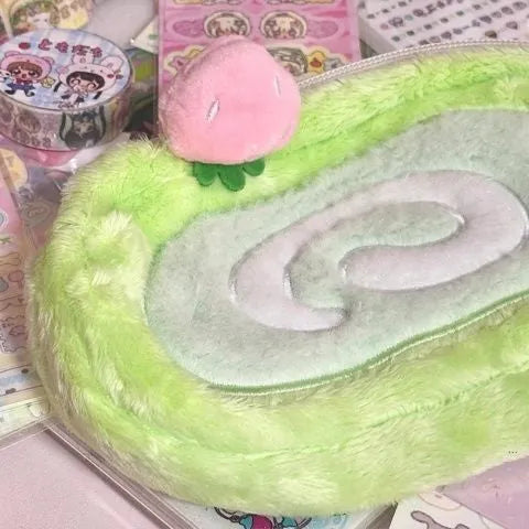 Velvet pencil case with Swiss roll cake design and Korean style aesthetic