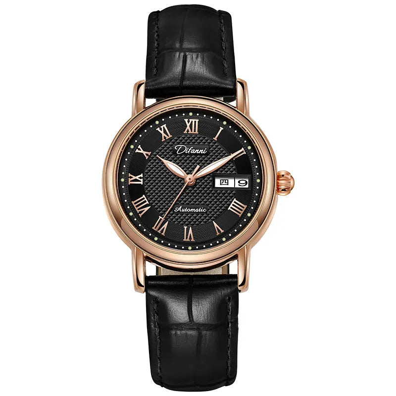 Women's automatic mechanical watch with leather and steel strap options on a white dial.