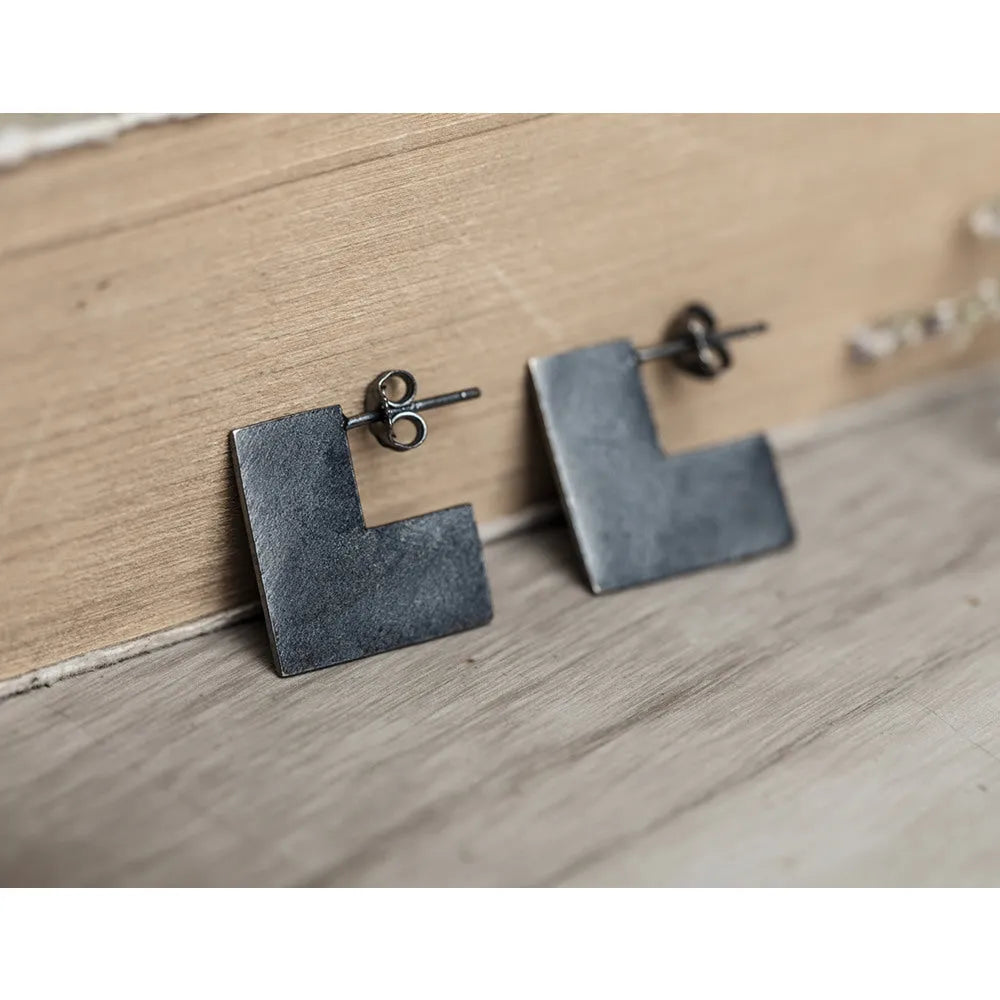Oxidation black sterling silver geometric square earring measuring approximately 16mm