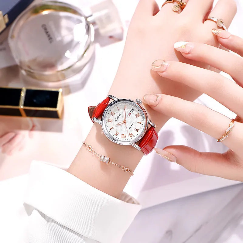 Women's automatic mechanical watch with leather and steel strap options on a white dial.