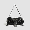 Black retro dumpling-shaped handbag with oil-wax PU leather and multiple interior compartments