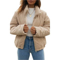 Apricot coloured women's corduroy jacket with a stand collar, front zipper, and long sleeves.