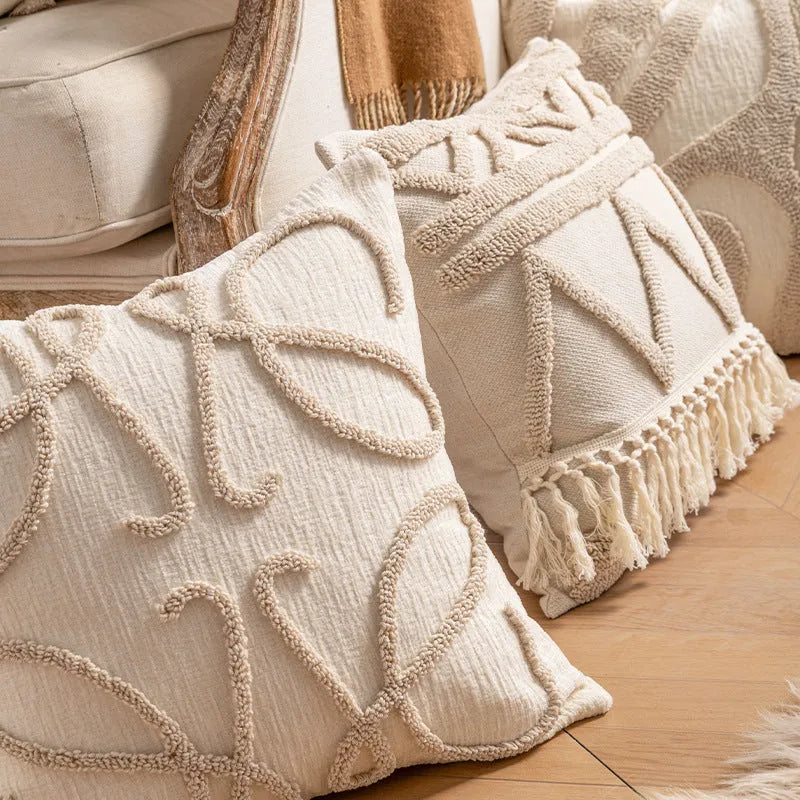 Knitted decorative pillow cover with tassel edge in a choice of six printed patterns and two sizes.